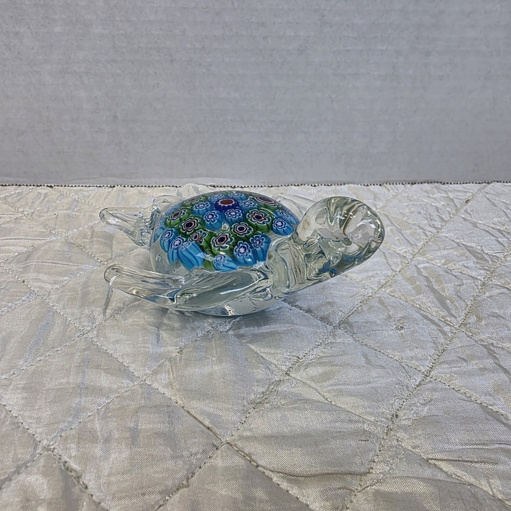 Vintage Millefiori Art Glass Paperweight Sea Turtle Design Nautical Murano Style